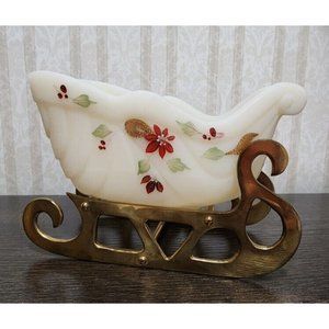 Fenton White Glass Sleigh With Brass Base Christmas Floral Candy Dish